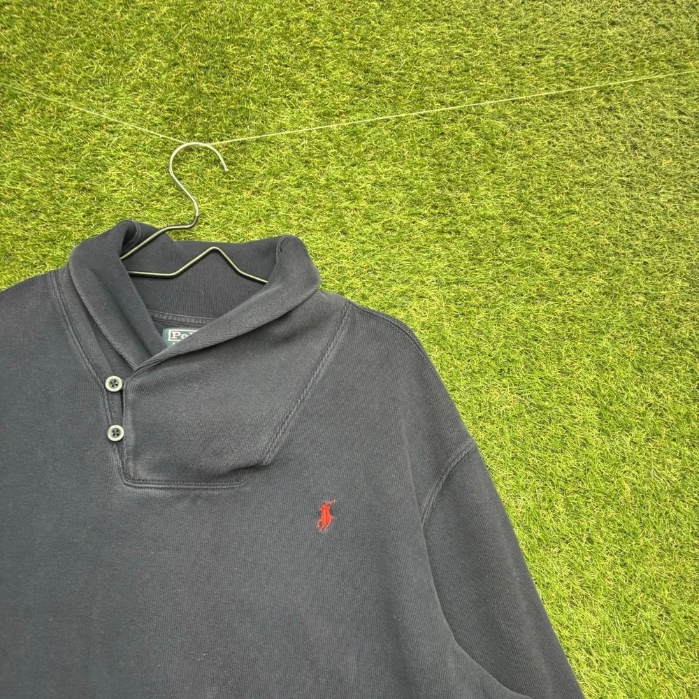 POLO RALPH LAUREN Sweater Mens 2XL Luxury Shawl-Collar Pullover in Navy Blue